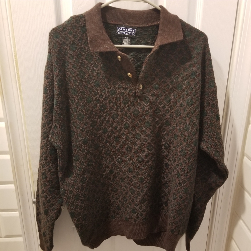 Vintage Jantzen Classics Knit Polo Men's Brown and Green Patterned Sweater